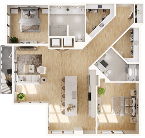 Floor plan for 2 beds, 2 baths, 1414 sqft